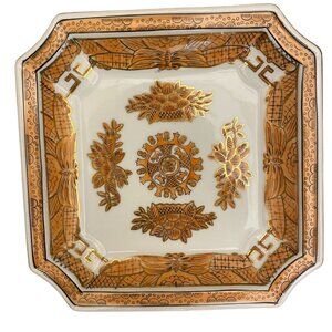 Andrea by Sadek Japanese Square Plate • Orange + Gold Trim • Asian Tray